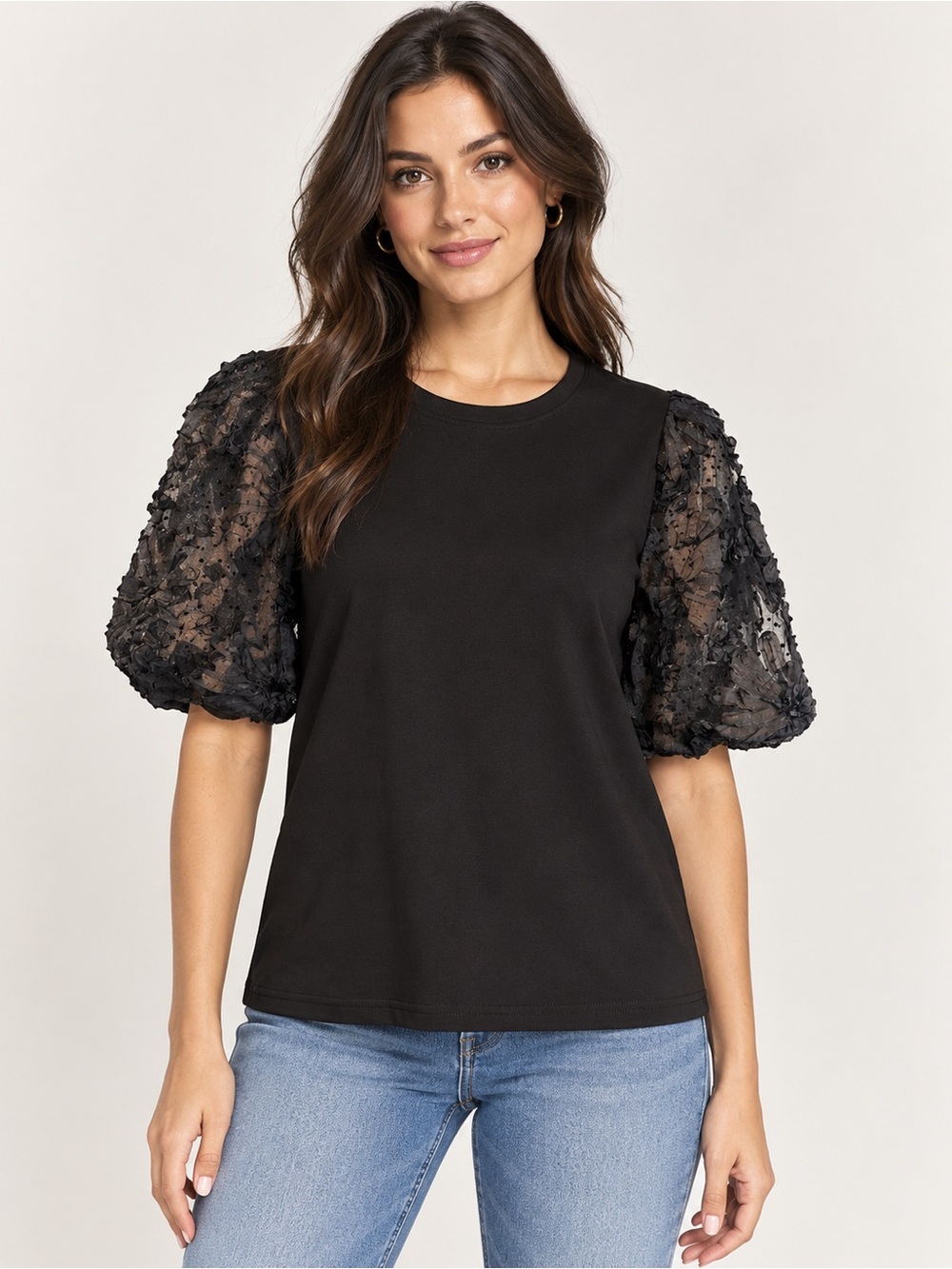 Runway Paris Black Floral Sheer Puff Sleeve Top Women’s S/M